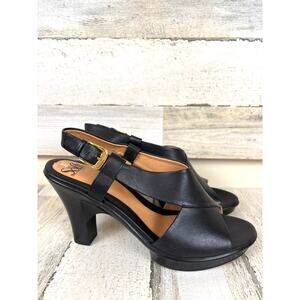 Sofft Womens 9 Black Leather Slingback Platform Open Toe Chunky Sandals NEW